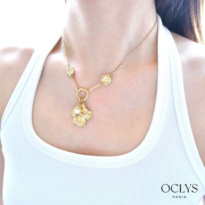 Grossiste OCLYS - Collier breloques fleurs acier inoxydable doré Grossiste OCLYS - Collier breloques fleurs acier inoxydable doré