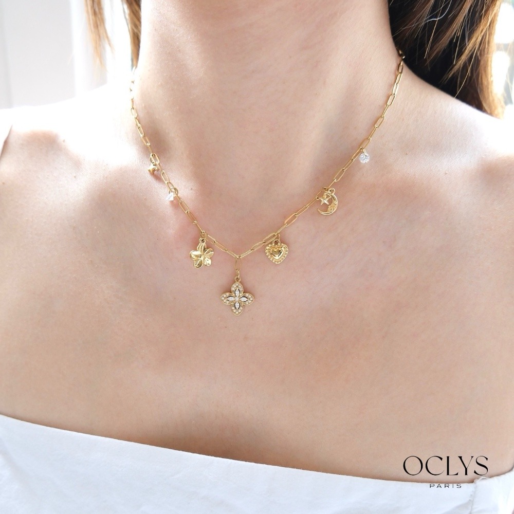 Grossiste OCLYS - Collier breloques fleur strass acier inoxydable doré Nina