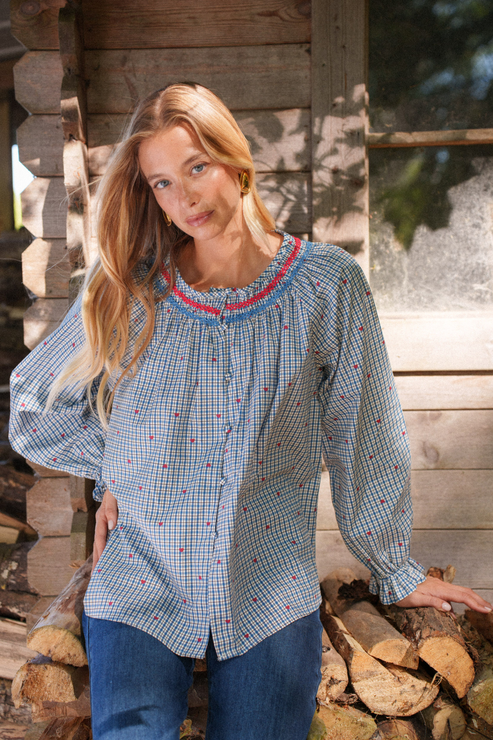 Grossiste ONADO (Maison Onado) - Blouse à carreaux et petits cœurs – Bleu/Rouge