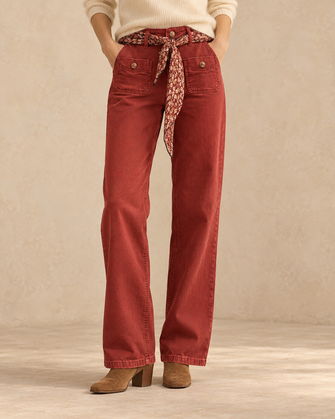 Mayorista ONADO (Maison Onado) - Pantalón con Estampado de Pañuelo Ladrillo - Estilo Retro Chic