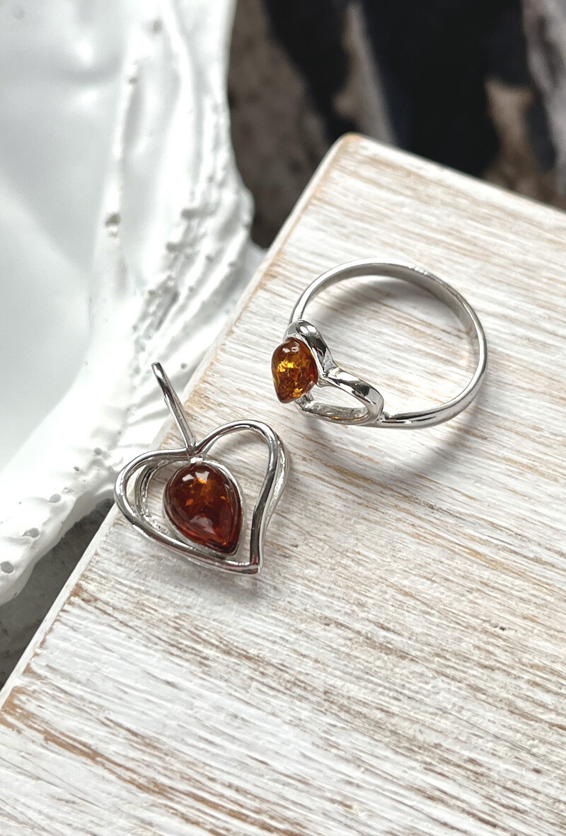 Wholesaler OPALOOK FRANCE - Heart ring with amber cognac drop, in silver - ar -ba030r