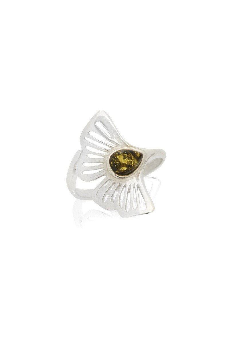 Wholesaler OPALOOK FRANCE - Gingko ring with natural green amber, in silver - km105pvr