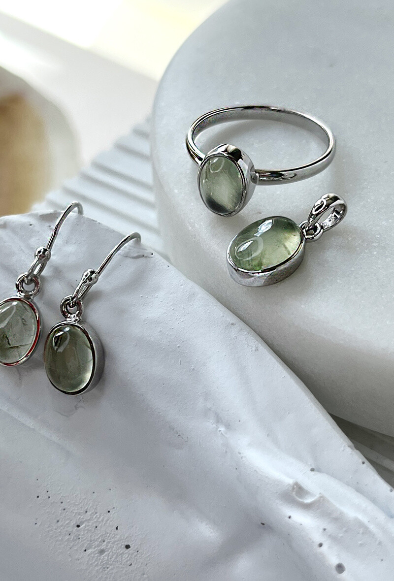 Wholesaler OPALOOK FRANCE - Ring with natural green prehnite, in rhodied silver 925 - CCP -BA008