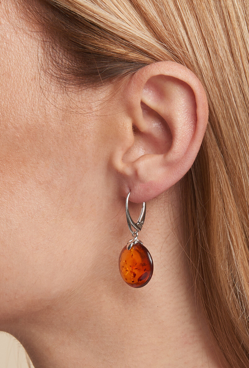 Wholesaler OPALOOK FRANCE - Cognac amber earrings, silver 925 - GDK00282R