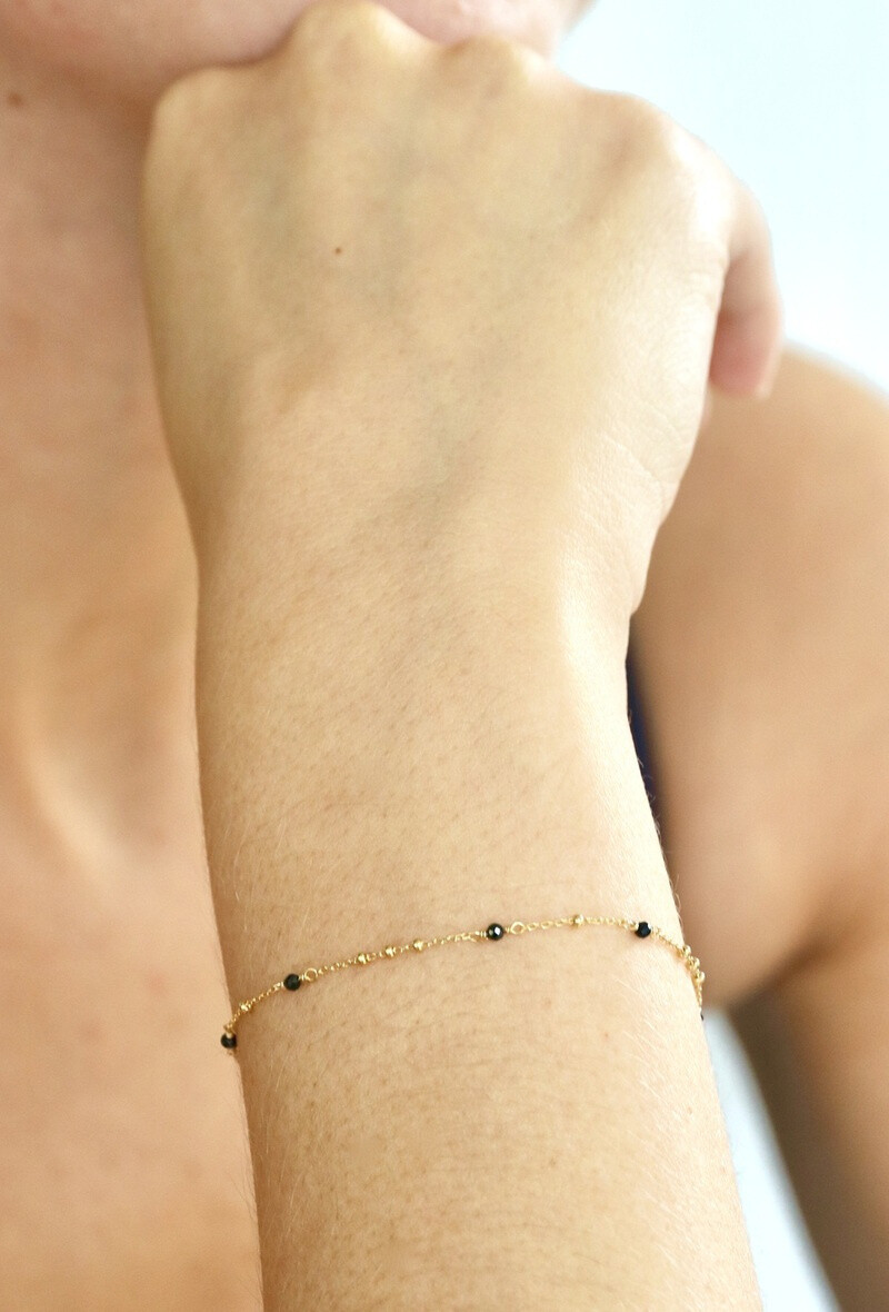 Wholesaler OPALOOK FRANCE - Black spinel bracelet, golden silver, 15+3 cm - CJF -BR084D
