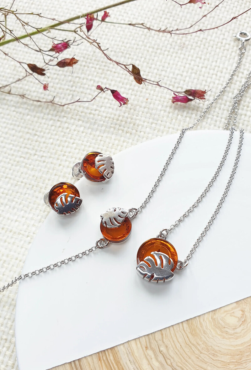 Wholesaler OPALOOK FRANCE - Necklace with Cognac amber, 925 silver, length 42 + 3 cm - SA3789NOR