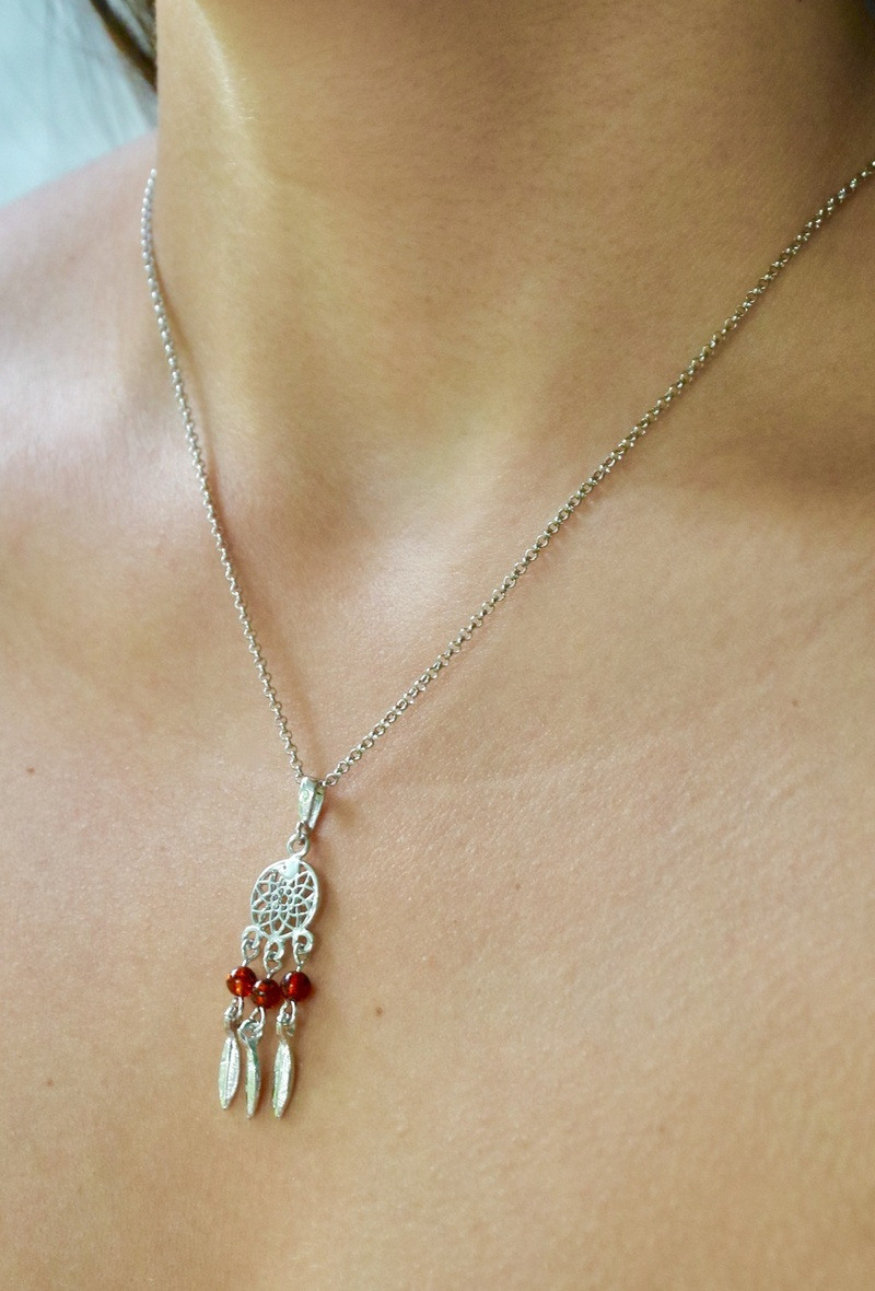 Grossiste OPALOOK FRANCE - Collier attrape-rêves ambre cognac boule, argent, 42 + 3 cm - KM928NR