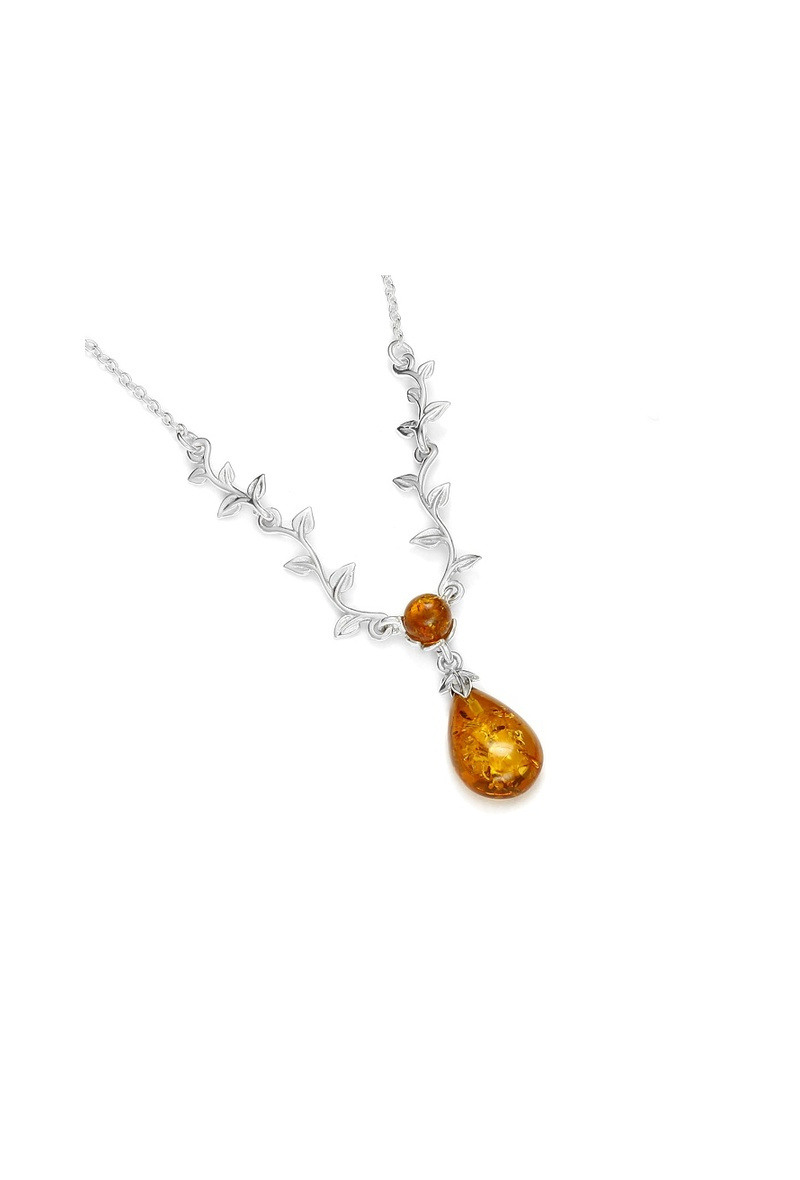 Grossiste OPALOOK FRANCE - Collier feuille ambre cognac goutte, argent 925, 42 + 3 cm - GI-CL012