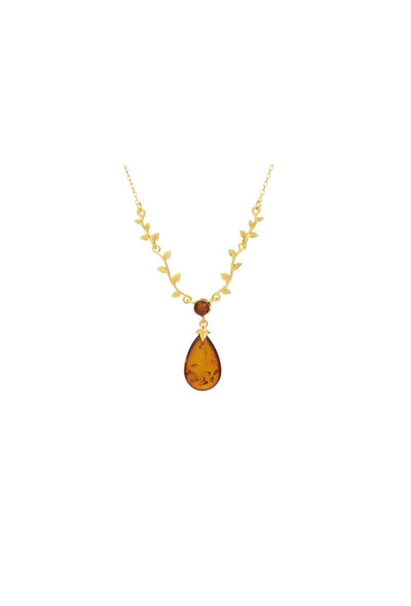 Grossiste OPALOOK FRANCE - Collier feuille ambre cognac goutte, argent doré, 42 +3 cm - GI-CL012D