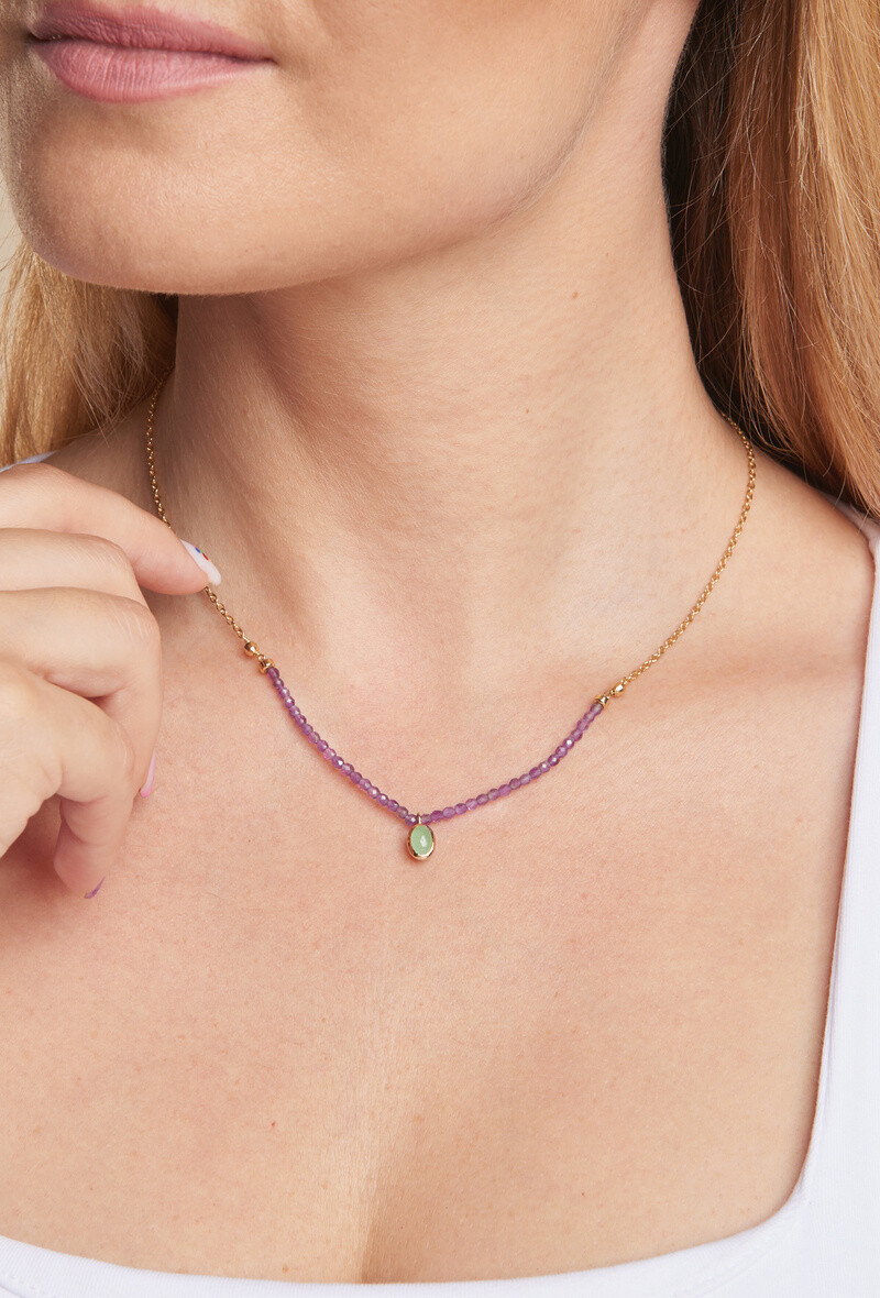 Wholesaler OPALOOK FRANCE - Aventurine and amethyst necklace, golden silver 925, 40+5 cm - CJF -CL044D