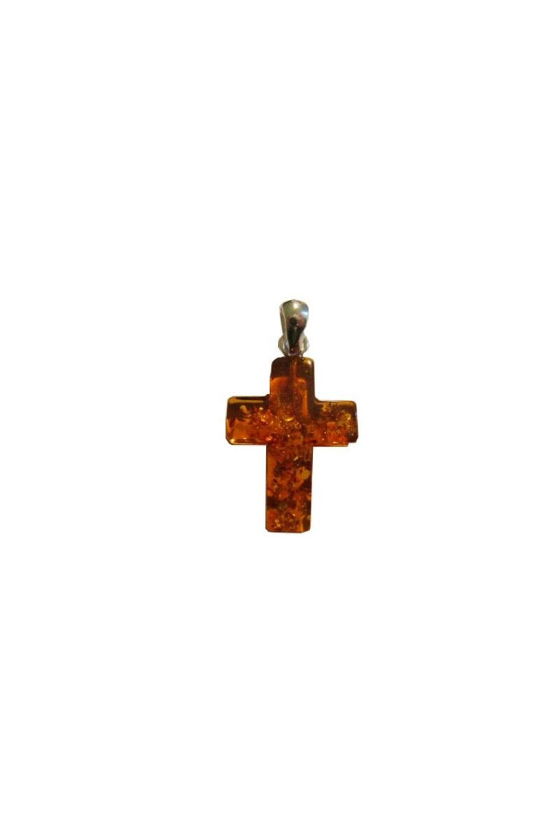 Wholesaler OPALOOK FRANCE - Cross pendant with cognac amber, 925 silver, 1.5+0.6 cm - ASW14