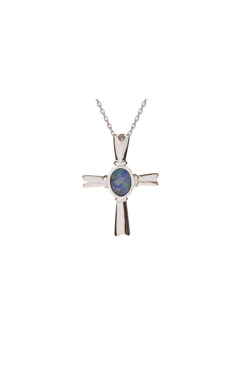 Wholesaler OPALOOK FRANCE - Cross pendant with blue doublet opal, 925 silver, 2.5 cm - HF007P