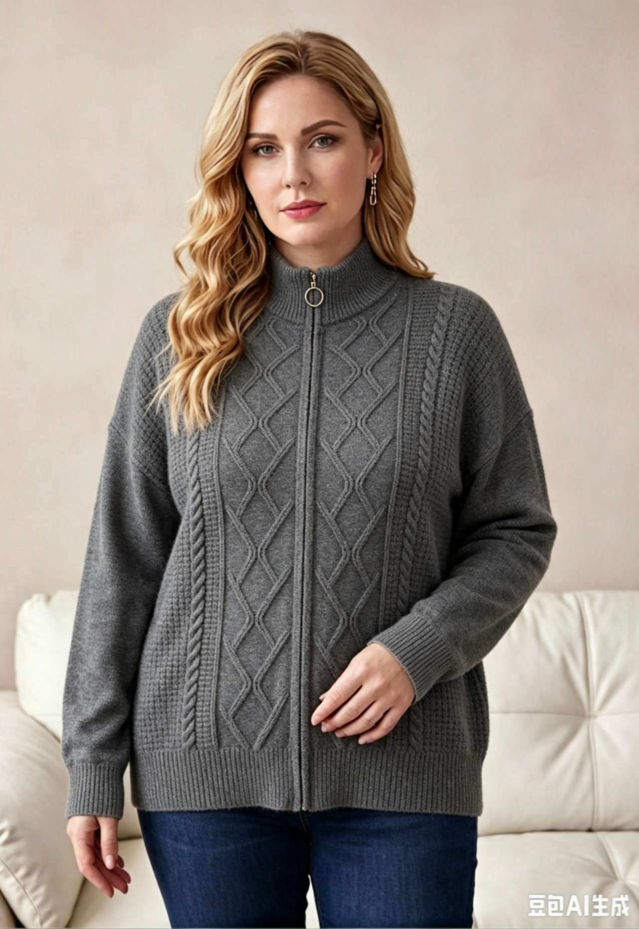 Wholesaler OPTIMUM FASHION - Zip-up cardigan, high collar and cable knit