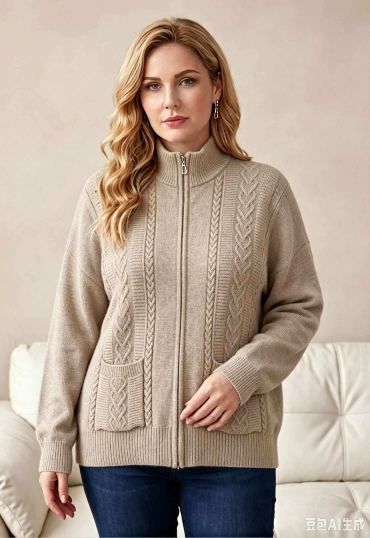 Wholesaler OPTIMUM FASHION - Zip-up cardigan, high collar and cable knit