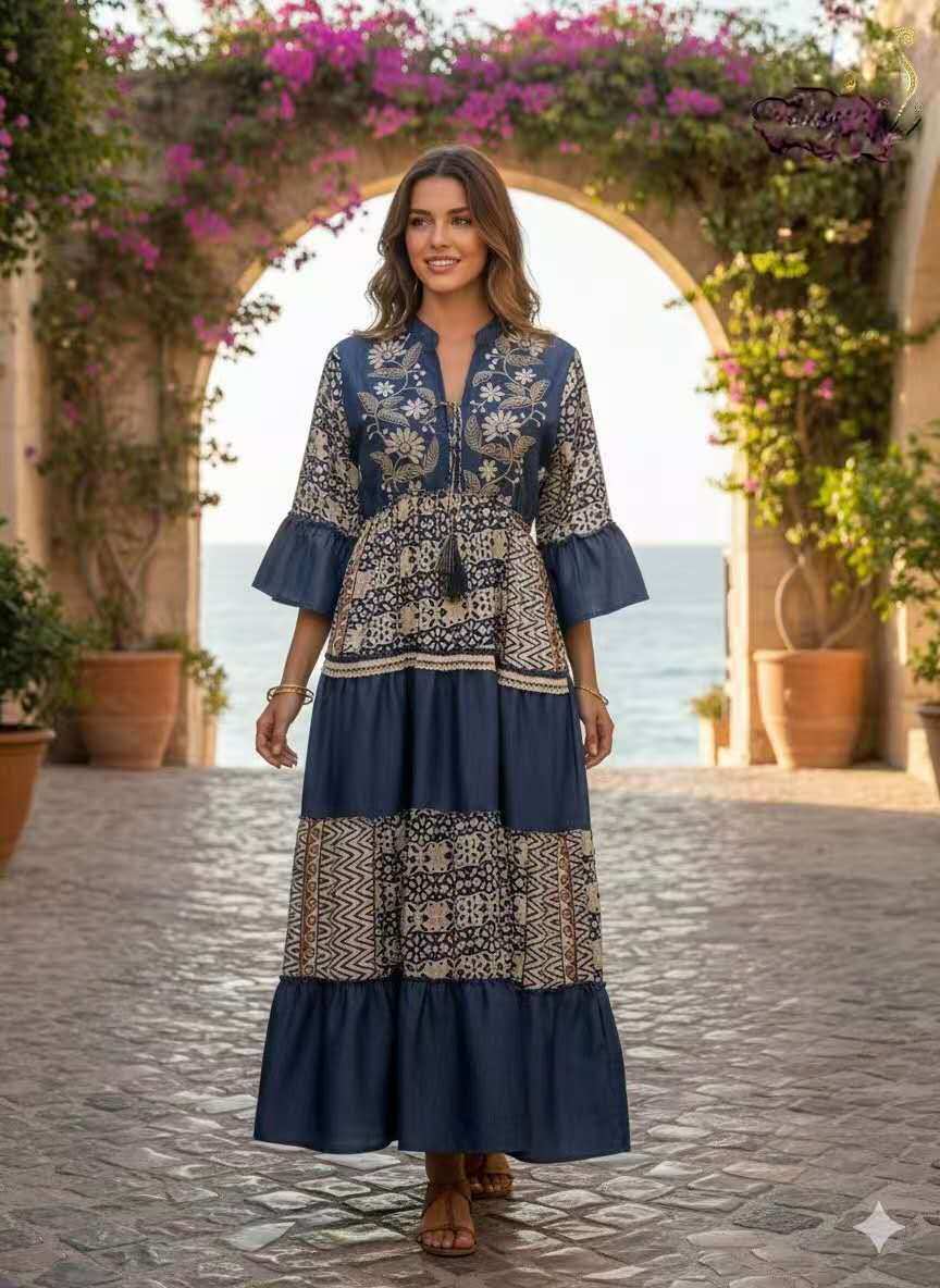 Wholesaler OPTIMUM FASHION - Bohemian-style long dress with embroidery and patchwork.