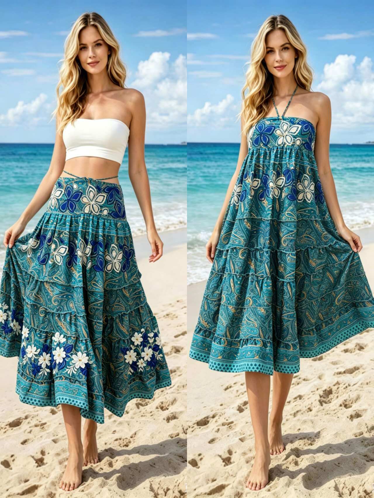 Wholesaler OPTIMUM FASHION - Strapless dress, long skirt, reversible, vintage print with embroidery