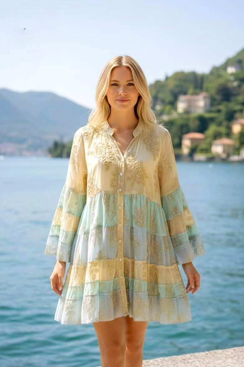 Wholesaler OPTIMUM FASHION - Embroidered shirt dress with golden floral print
