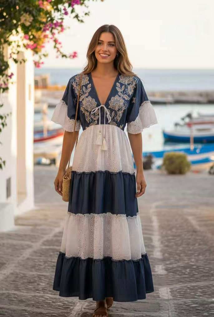 Wholesaler OPTIMUM FASHION - Long bohemian-style dress with embroidery and patchwork.