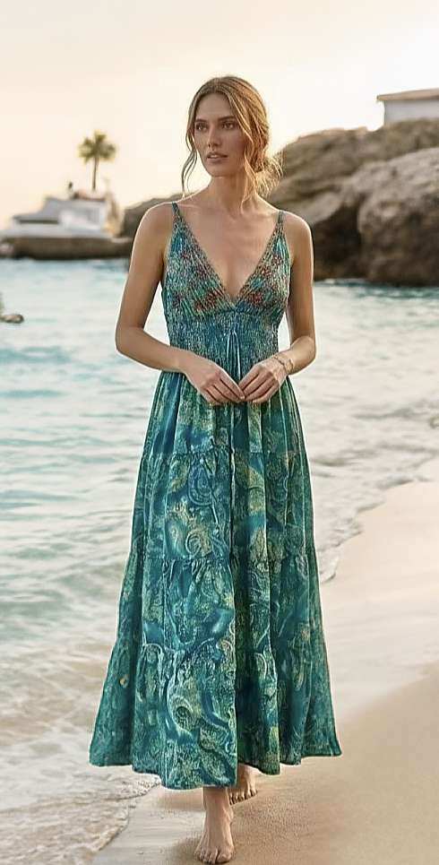 Wholesaler OPTIMUM FASHION - Long bohemian-style dress with a V-neck and thin straps, embroidered.