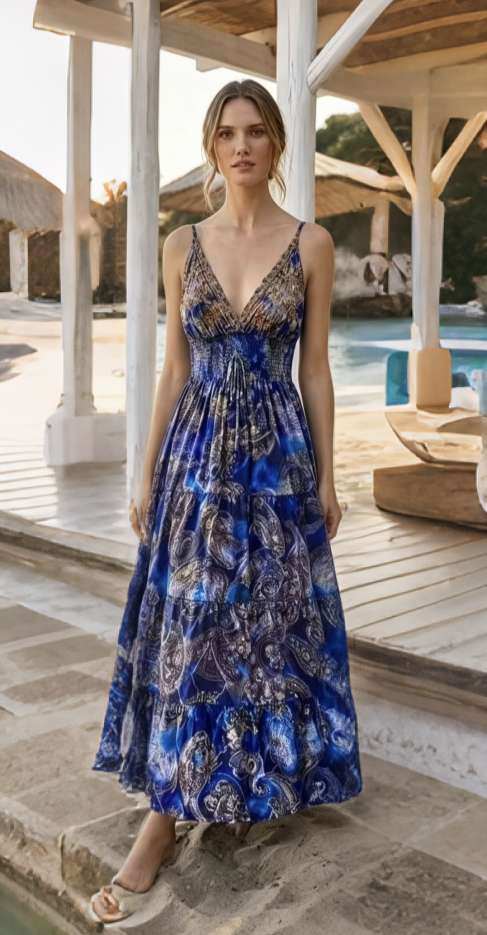 Wholesaler OPTIMUM FASHION - Long bohemian-style dress with a V-neck and thin straps, embroidered.