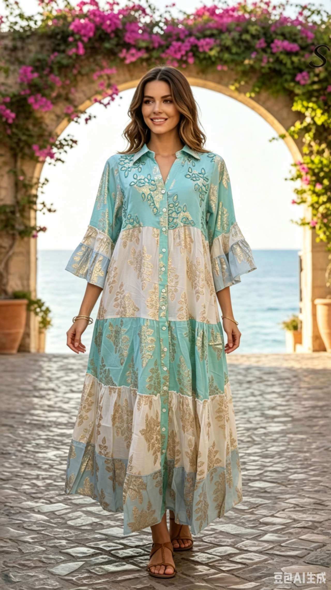 Mayorista OPTIMUM FASHION - Vestido camisero bordado con estampado floral dorado