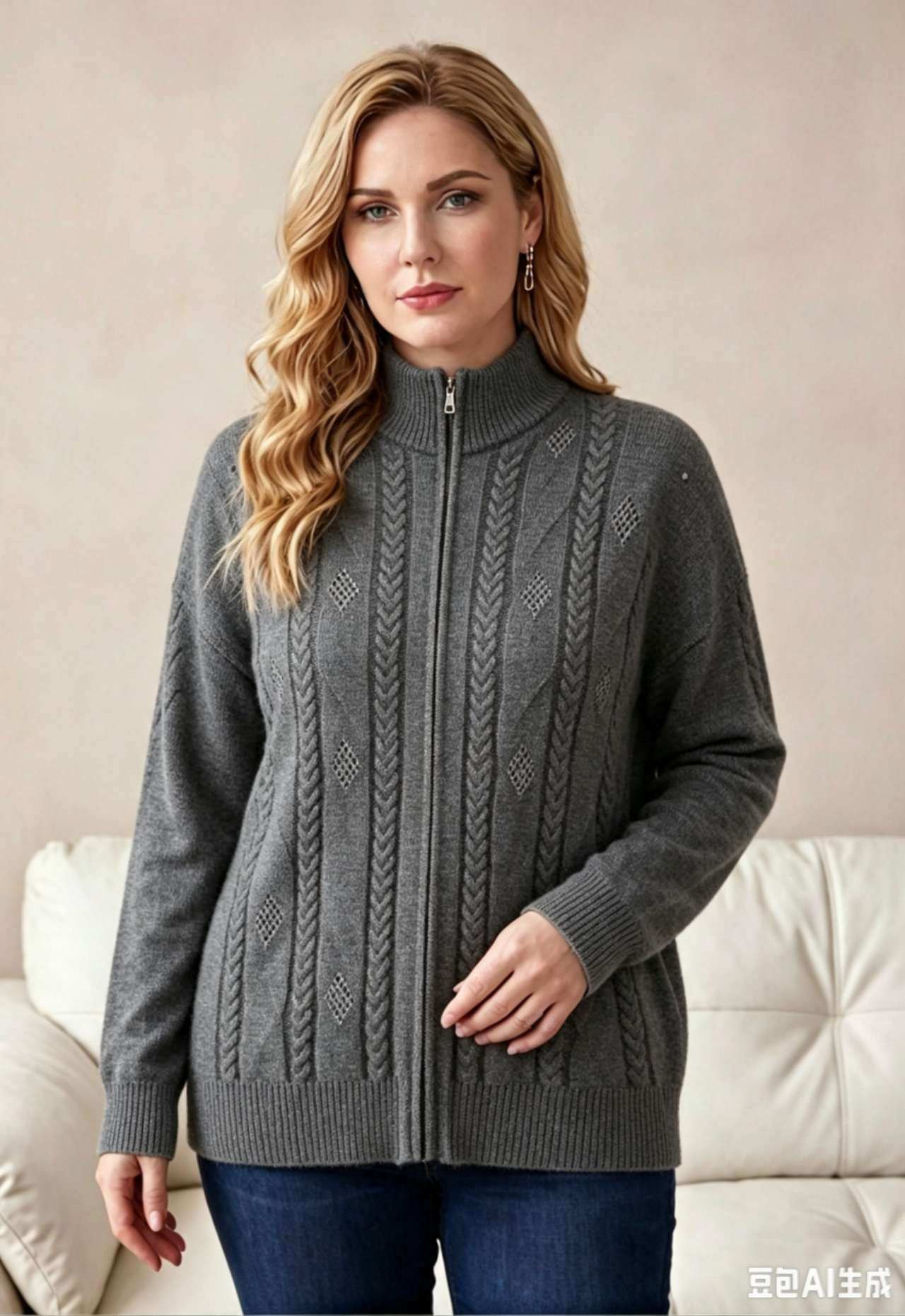 Wholesaler OPTIMUM FASHION - Zip-up cardigan, high collar and cable knit