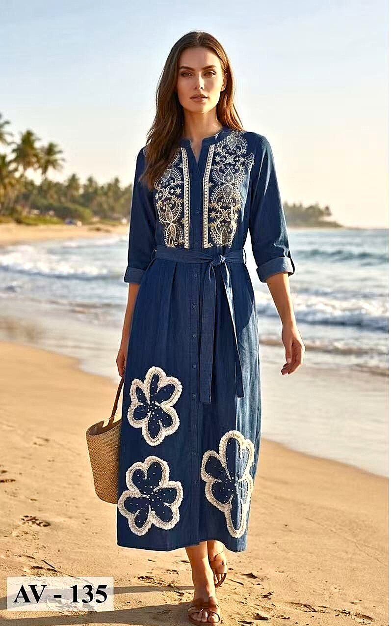 Wholesaler OPTIMUM FASHION - Denim shirt dress with intricate embroidery/WIDTH-58CM, LENGTH-137CM