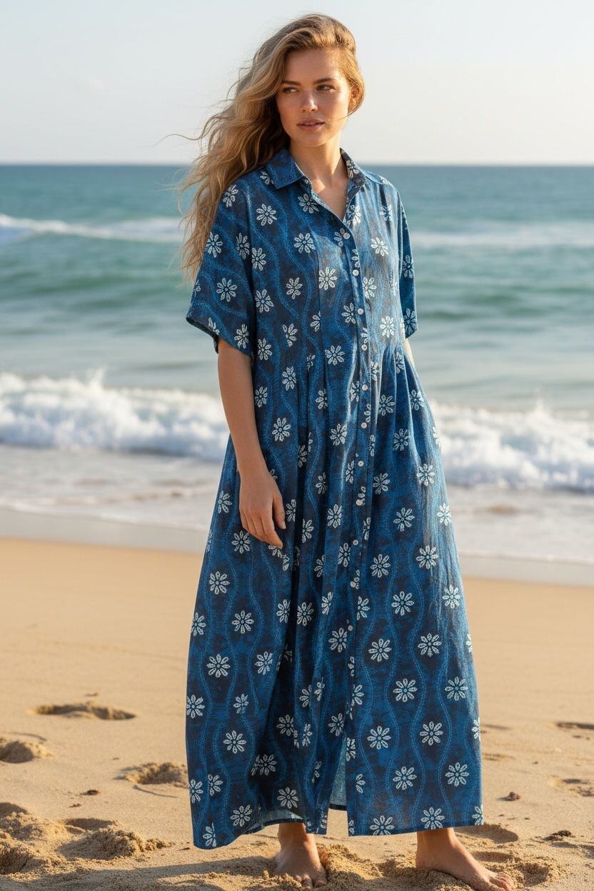 Großhändler Orice - Langes Hemdkleid aus leichtem Baumwollstoff mit schickem Boho-Print
