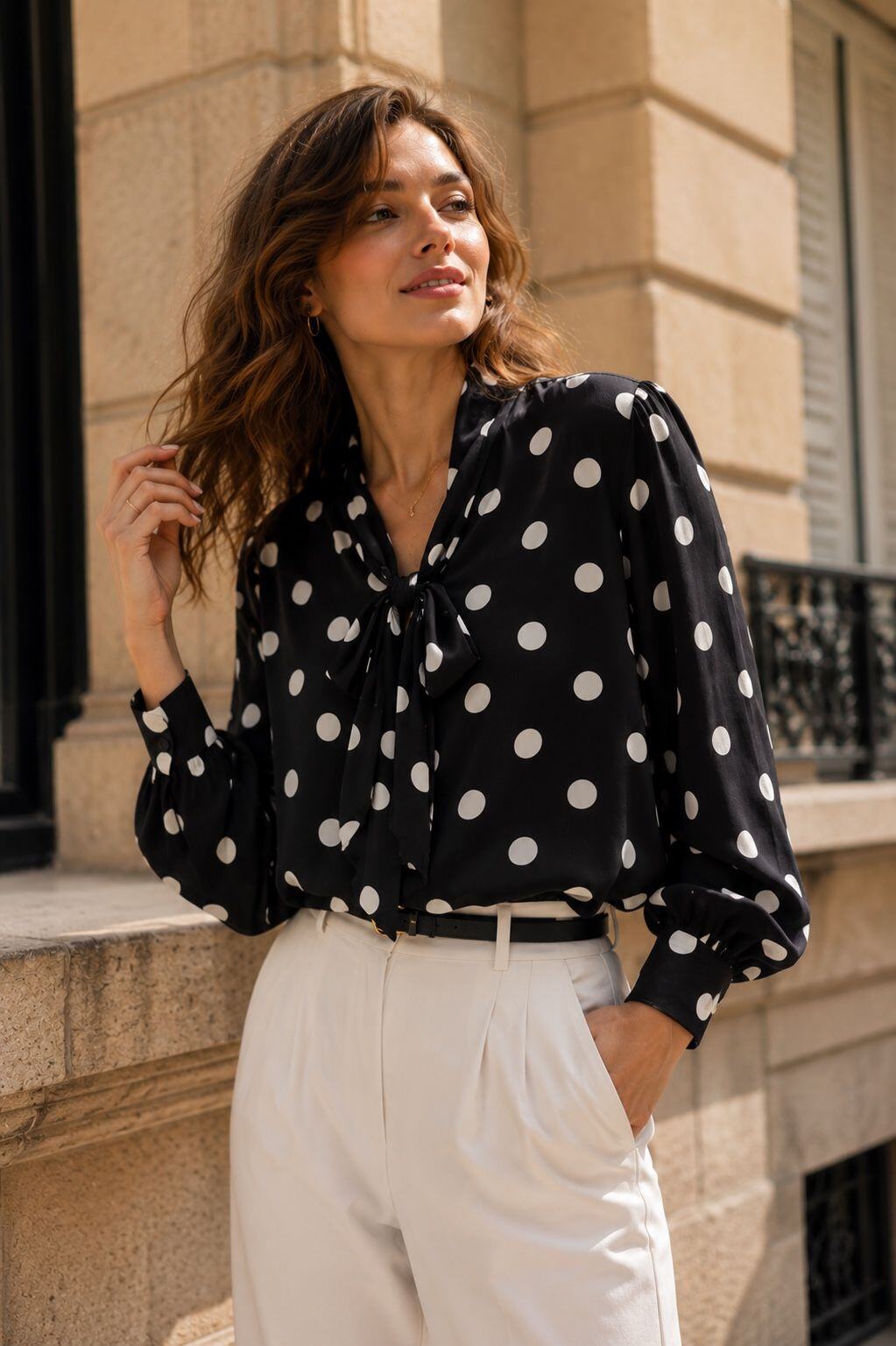 Wholesaler Orice - Flowy Polka Dot Blouse with Tie Neck