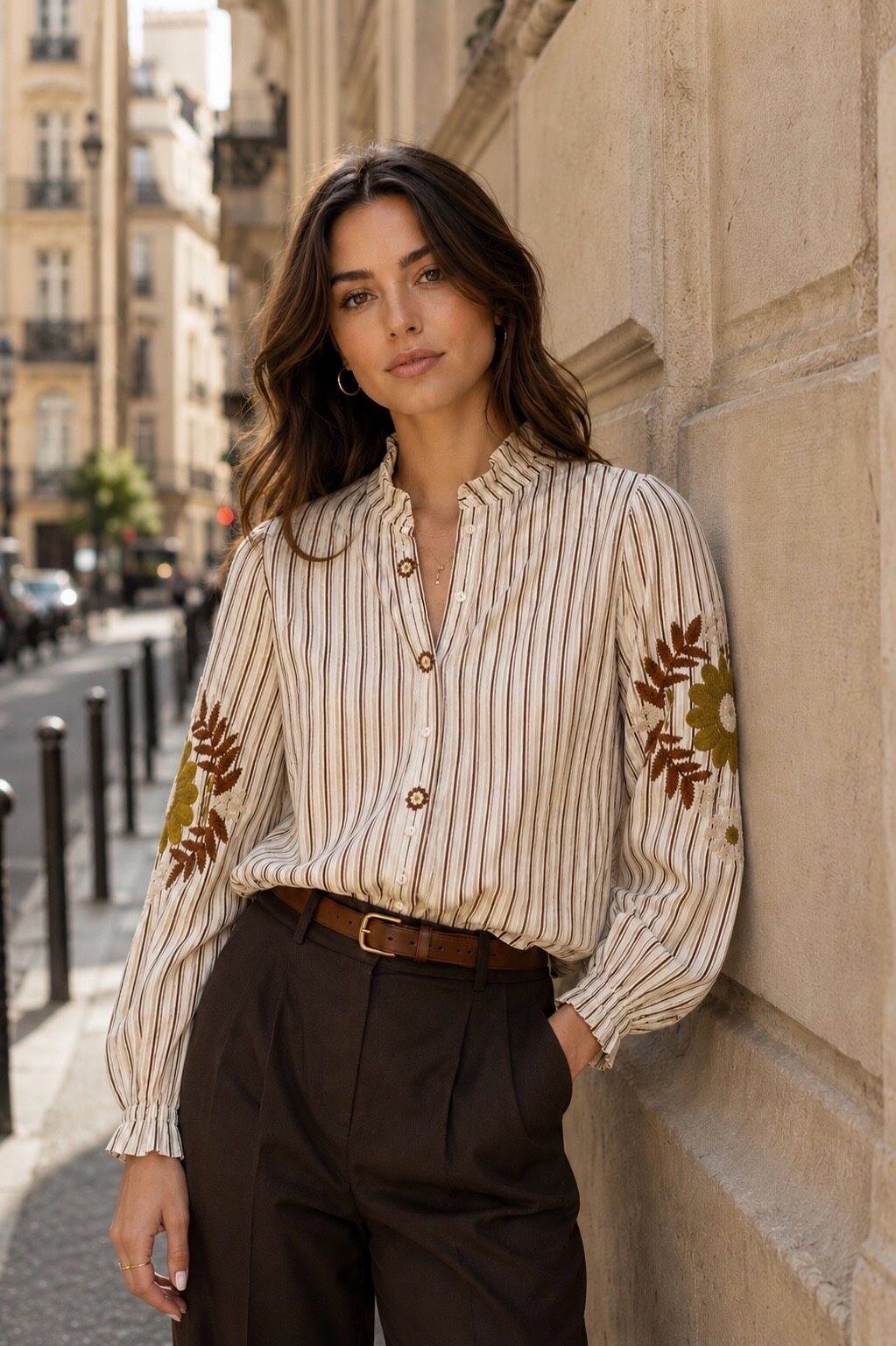 Wholesaler Orice - Striped Ruffle Blouse with Floral Embroidered Sleeves