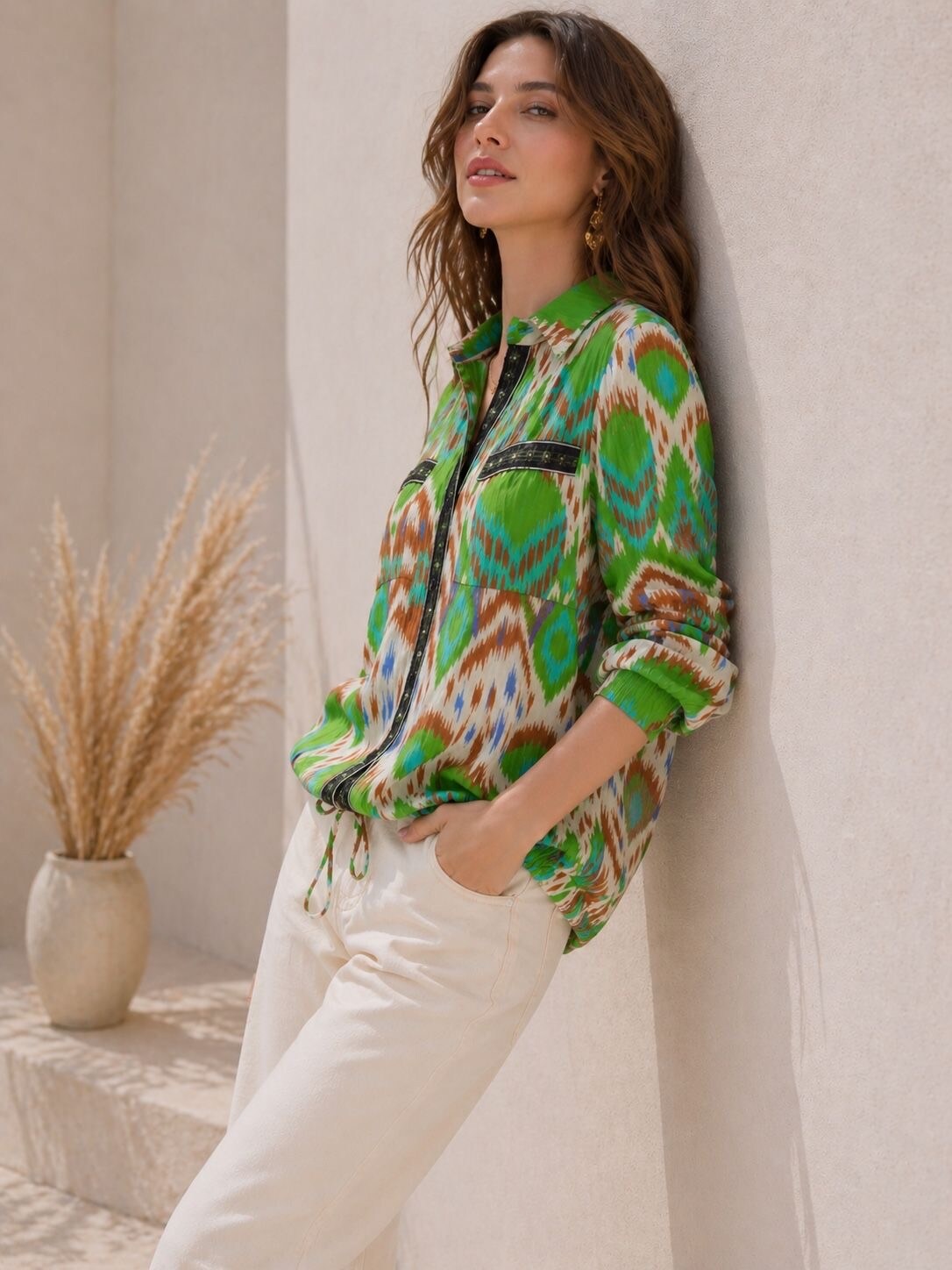 Großhändler Orice - Kurzes Baumwollhemd mit Lurex-Print