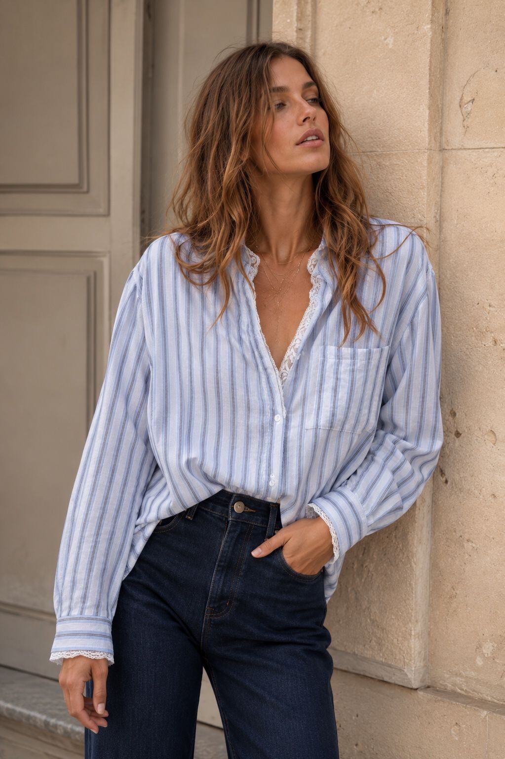 Grossiste Orice - Chemise Rayée à Dents de Dentelle et Poche Plaquée