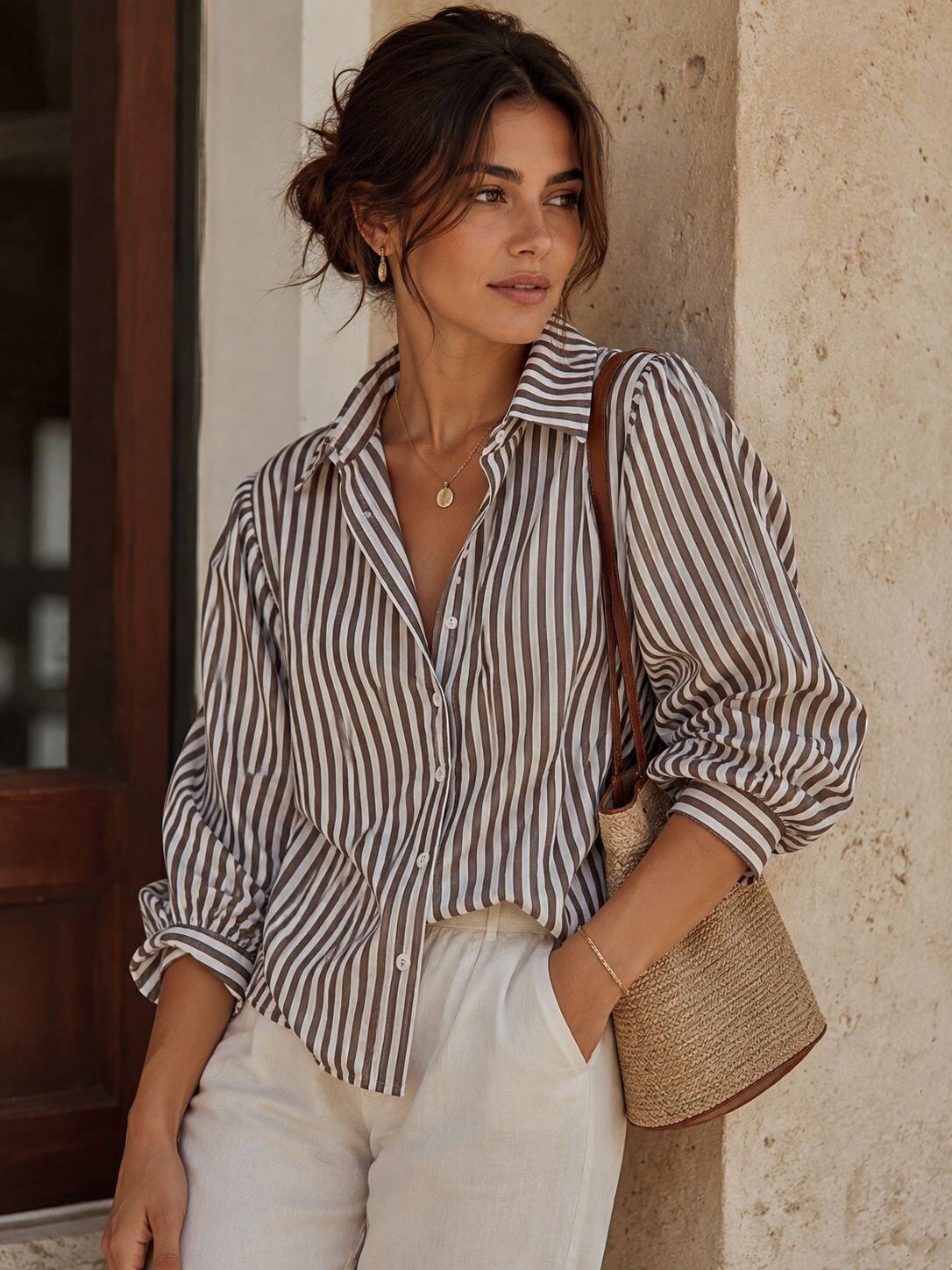 Wholesaler Orice - Striped Blouse with Puff Sleeves in Brown and White, One Size