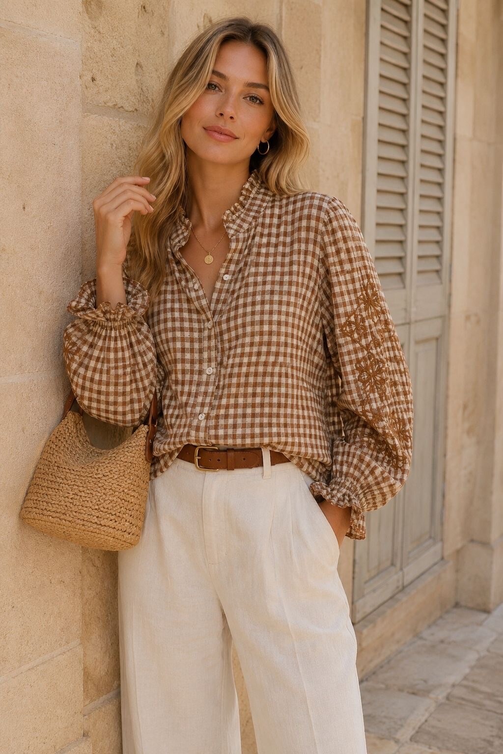 Wholesaler Orice - Plaid Shirt with Floral Embroidery on Sleeves | Parisian Style