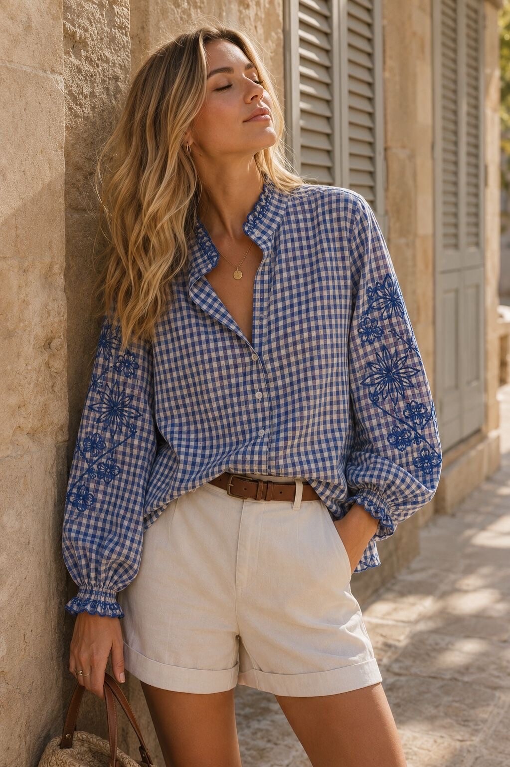 Mayorista Orice - Camisa a Cuadros con Bordados de Flores en las Mangas | Estilo Parisino