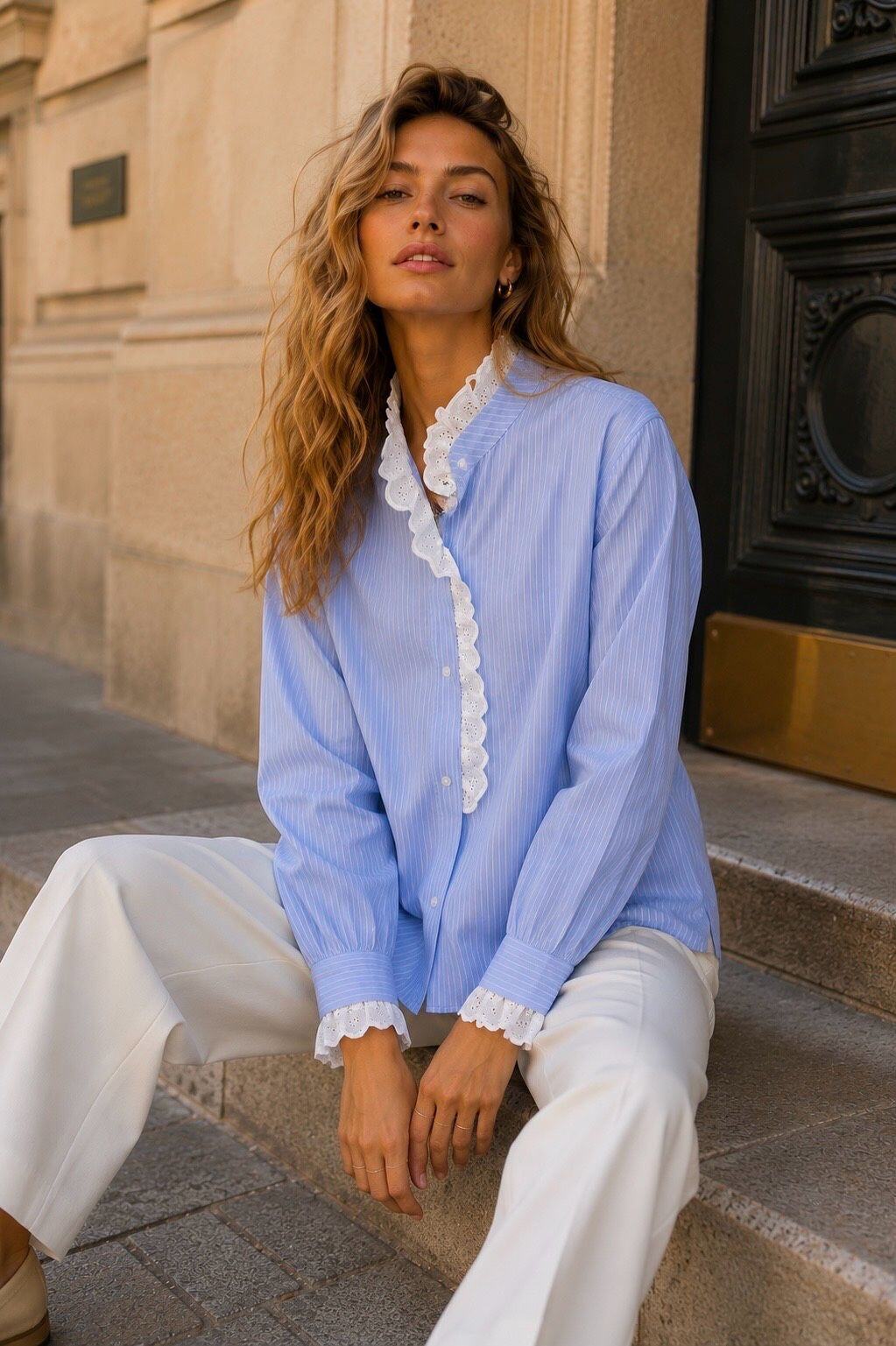 Wholesaler Orice - Striped Shirt with Mandarin Collar and Lace Ruffles