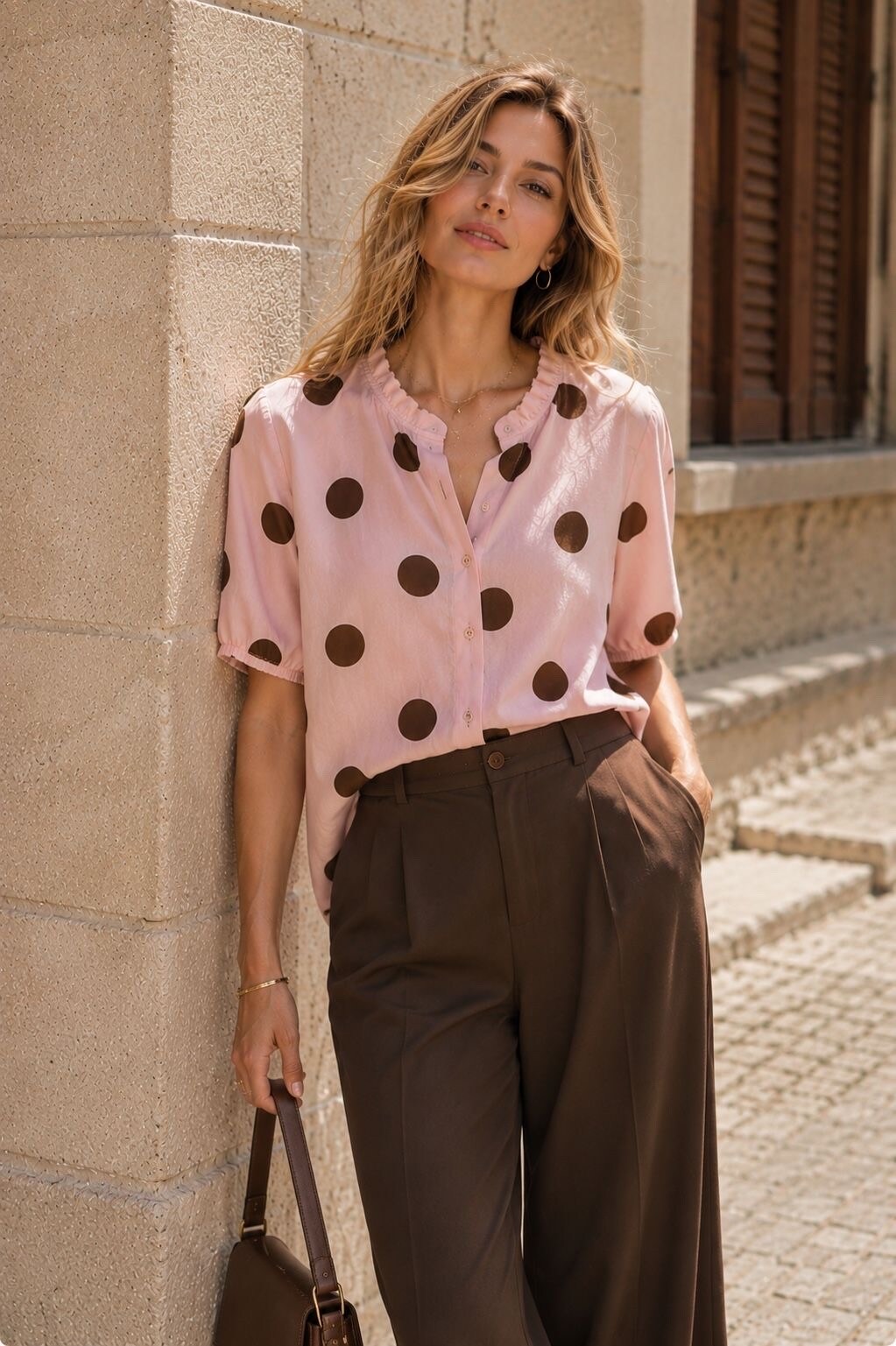 Grossista Orice - Blusa Rosa a Maniche Corte con Grandi Pois
