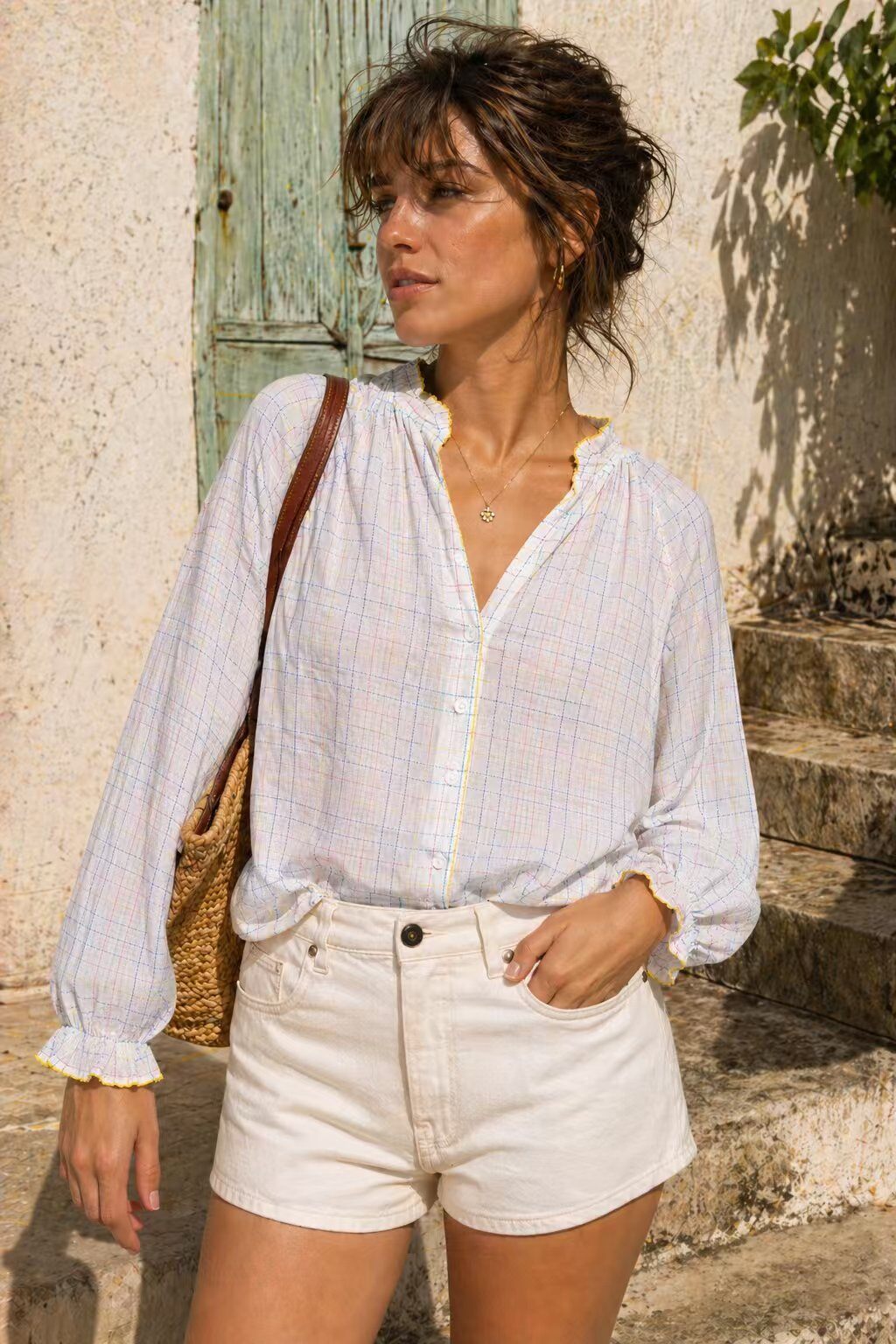 Wholesaler Orice - V-neck cotton blouse/shirt