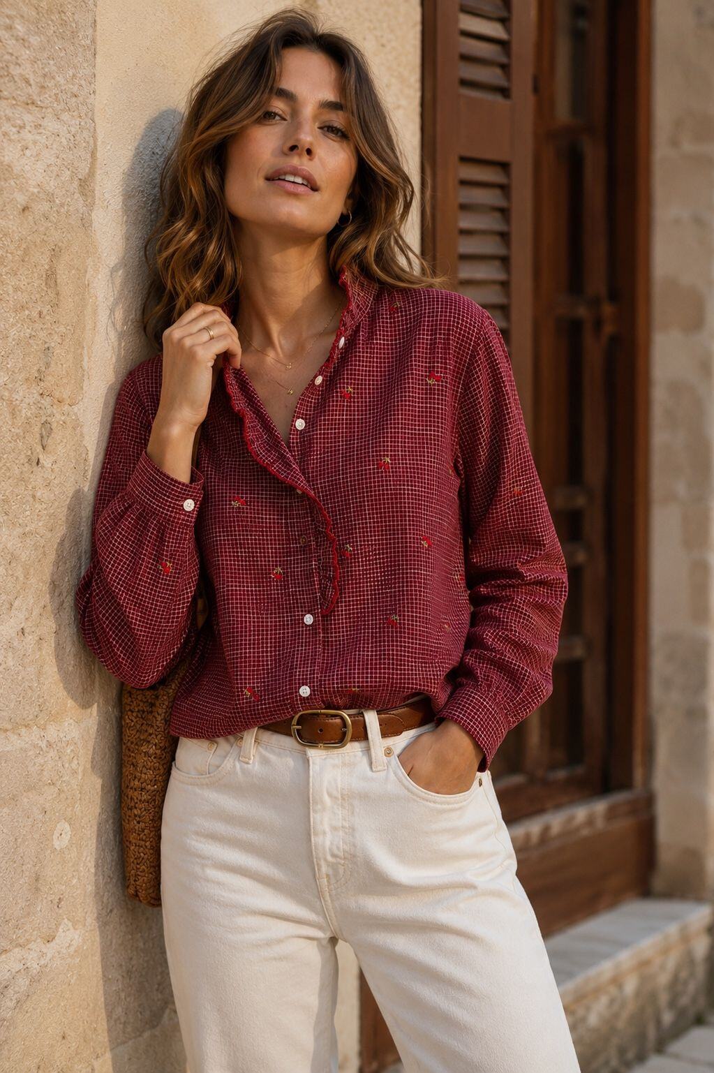 Wholesaler Orice - Plaid Shirt with Cherry Embroidery | Parisian Style Blouse