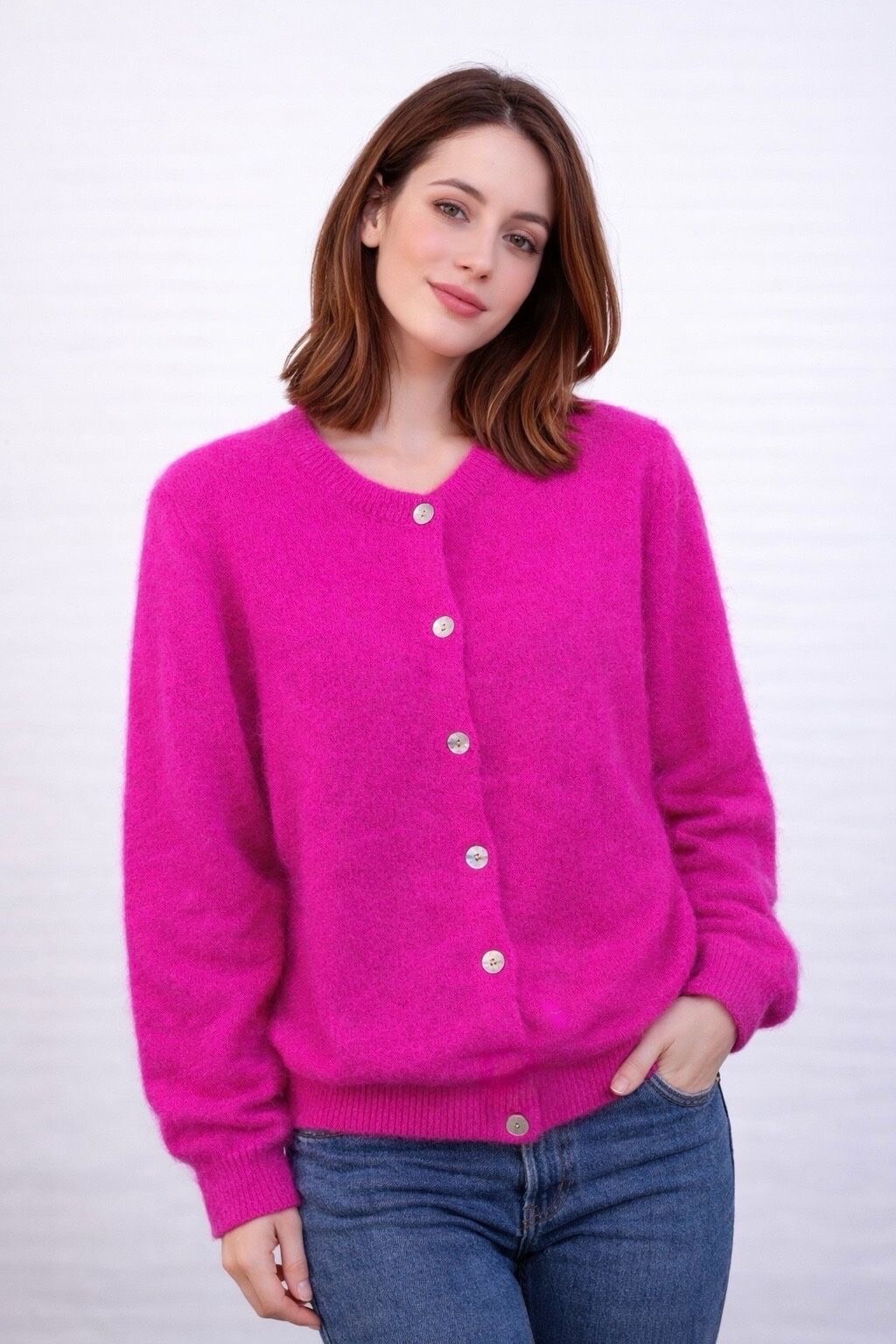 Wholesaler Orice - Round neck cardigan baby alpaca knit 52%-Fuchsia