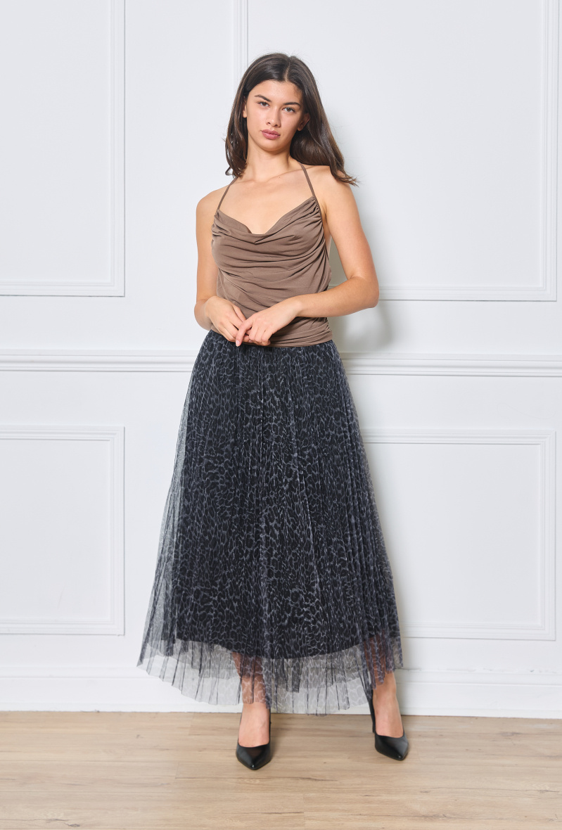 Grossiste Orice - Jupe mi-longue tulle imprimée animalier gris