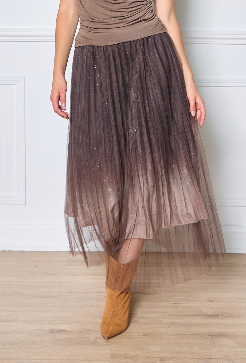 Grossiste Orice - Jupe mi-longue en tulle scintillant marron