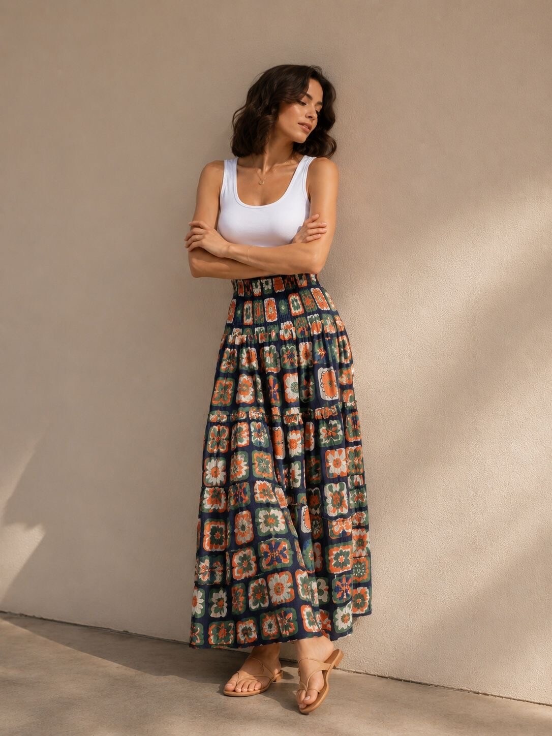 Grossiste Orice - Jupe longue bohème à smock en coton