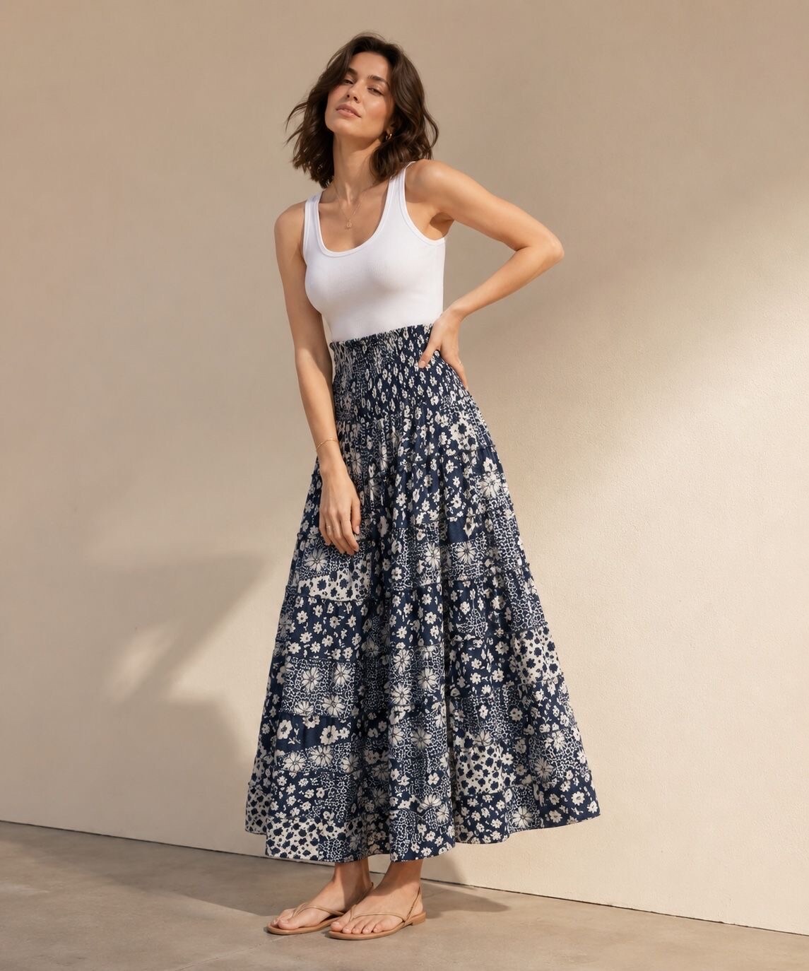 Grossiste Orice - Jupe longue bohème à smock en coton