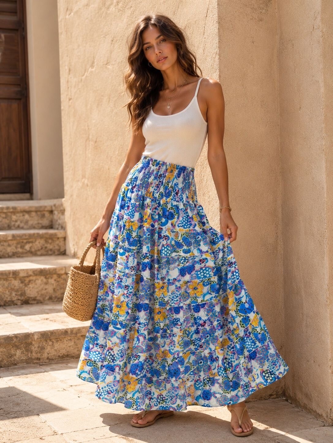 Mayorista Orice - Falda larga bohemia con smock de algodón