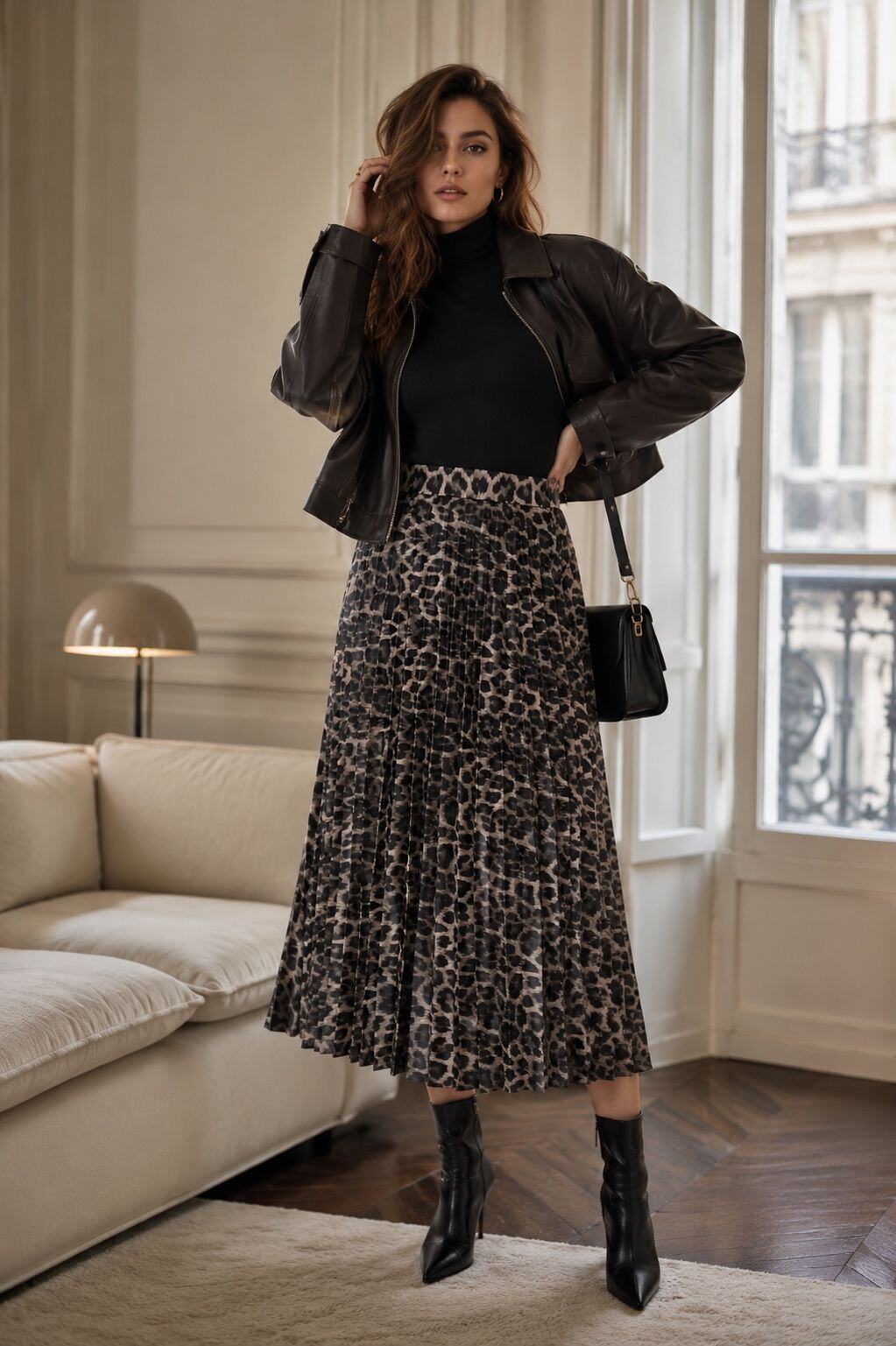 Grossiste Orice - Jupe mi-longue plissé PU motifs animalier