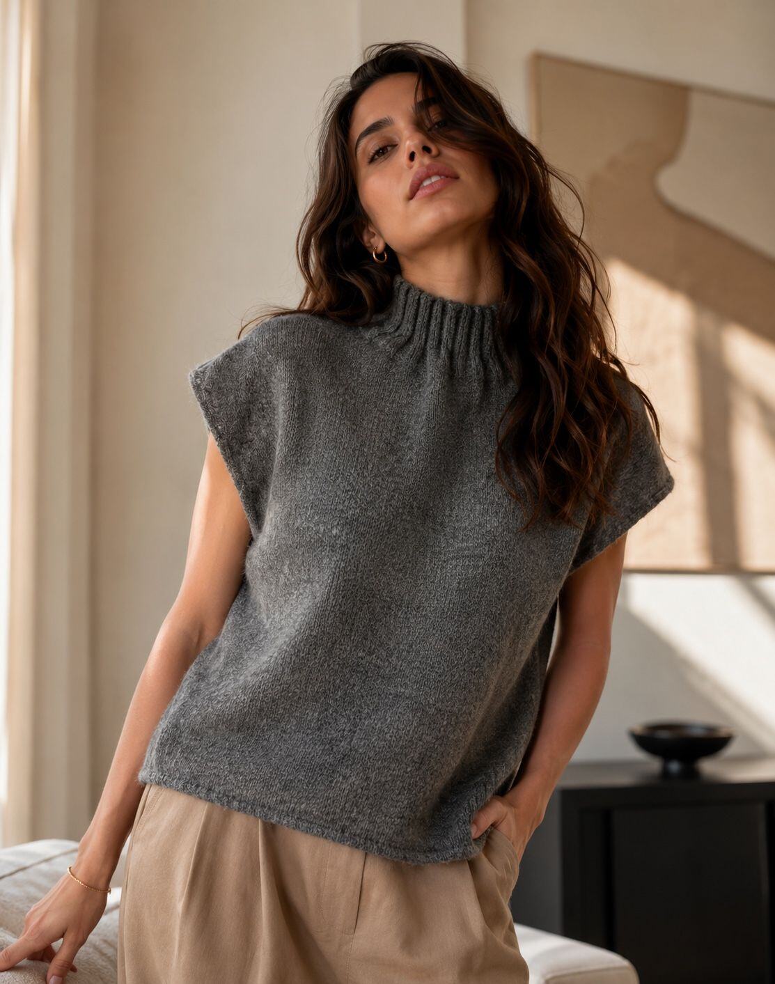 Grossiste Orice - Pull Sans Manches Col Montant en Maille