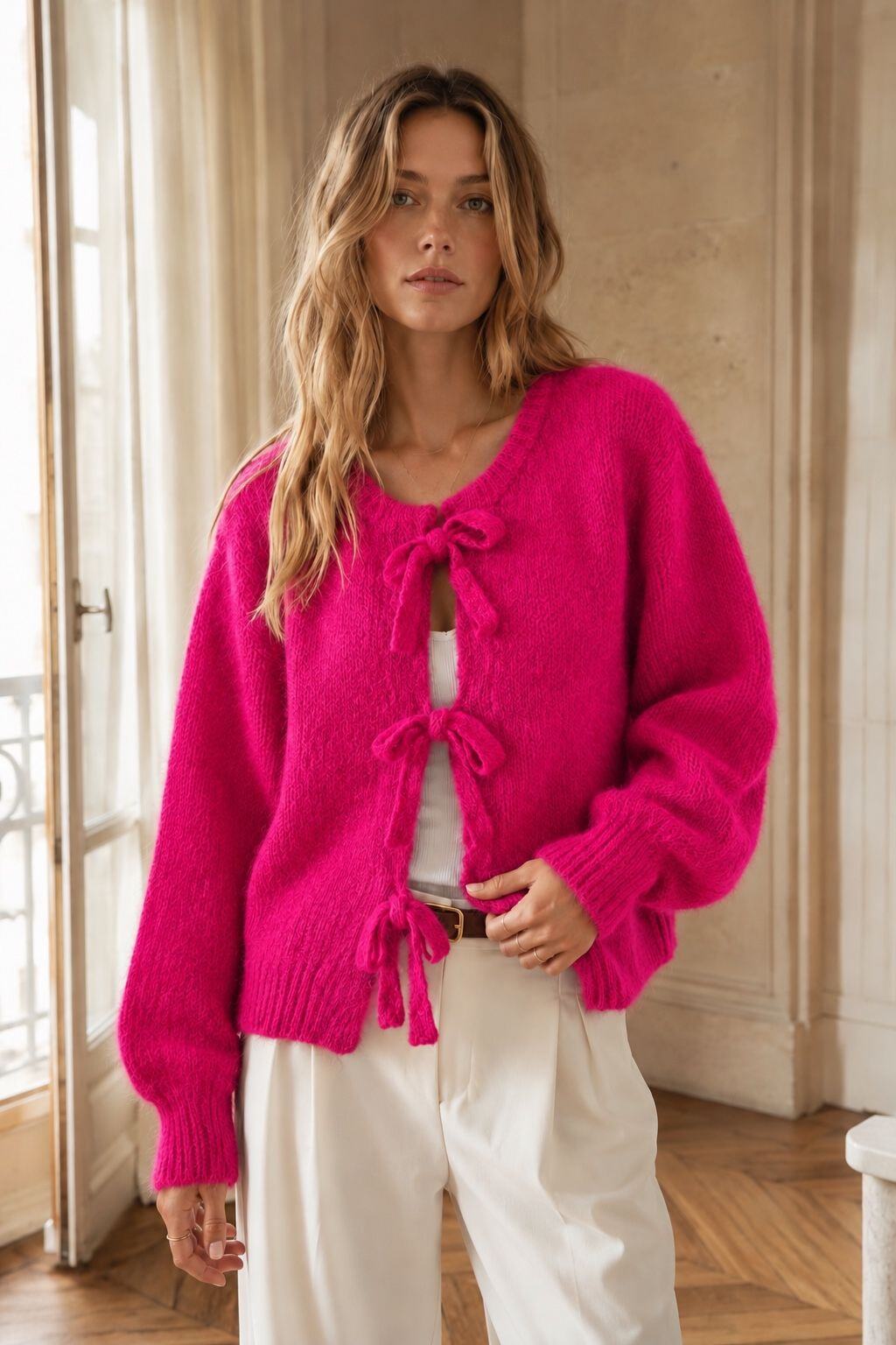 Großhändler Orice - Flauschige Strickjacke mit drei Schleifen