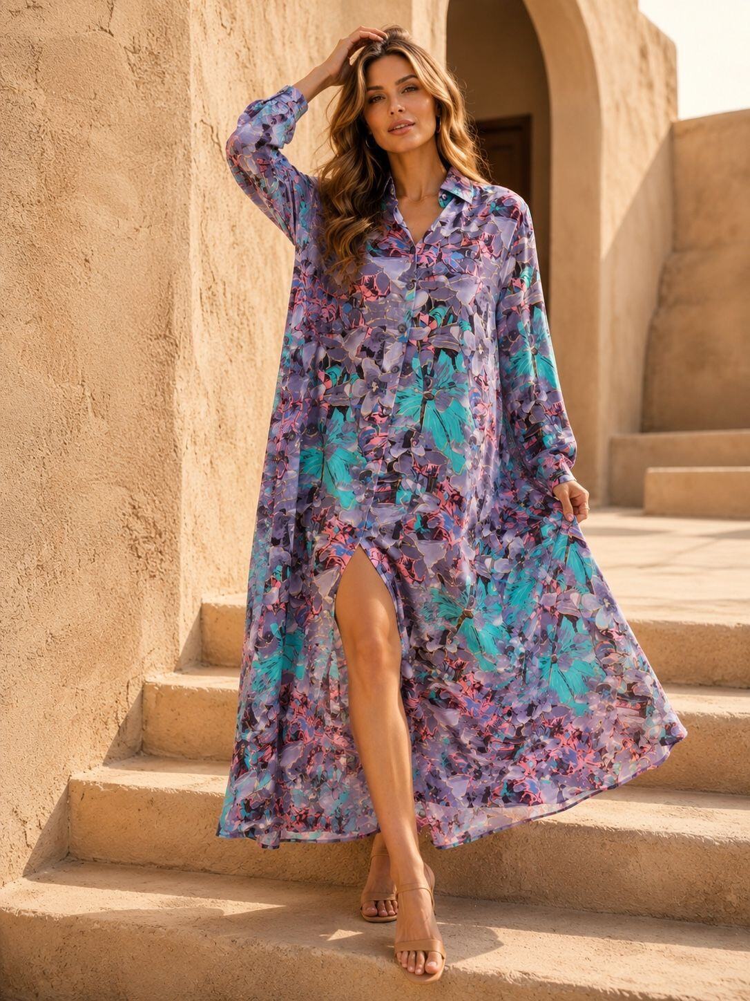 Wholesaler Orice - Long silk shirt dress with chic bohemian print