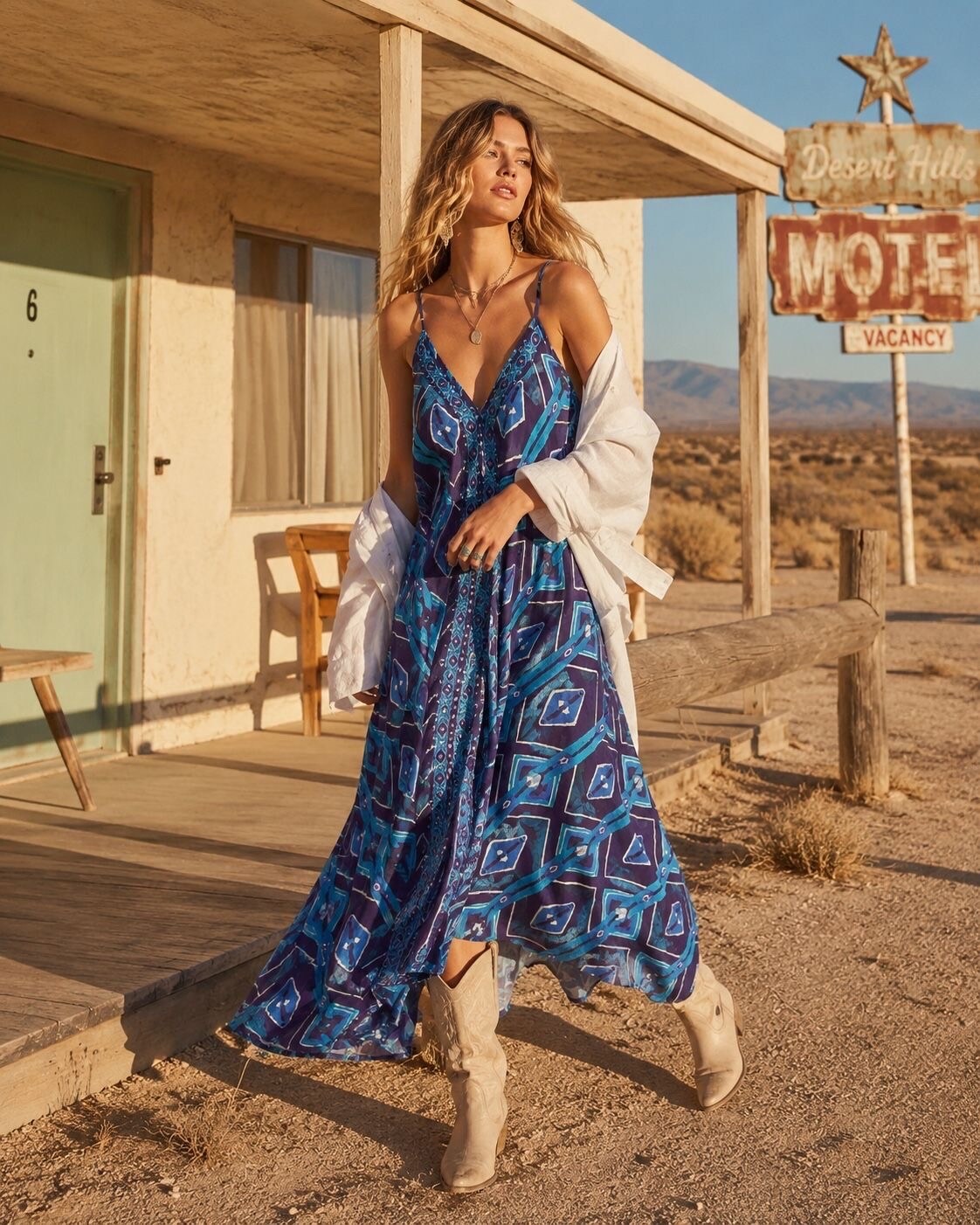 Mayorista Orice - Vestido largo de línea A fluido con tirantes ajustables y estampado bohemio
